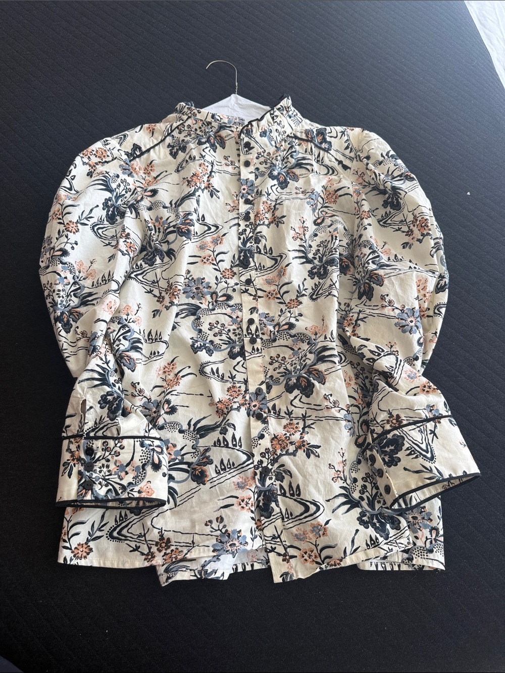 ba&sh Cream Button-Down Blouse with Navy and Peach Floral Print